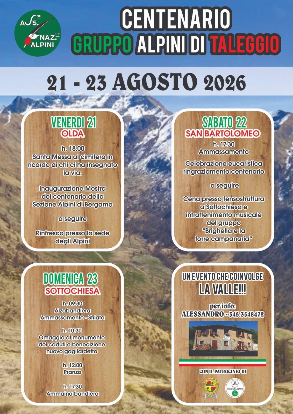 Locandina dell’evento Centenario Gruppo Alpini di Taleggio